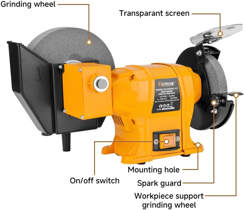 HOTECHE 6-Inch/8-Inch Dual-Size Bench Grinder - 2.1-Amp Heavy Duty Dry/Wet Sharpening System for Metal, Wood, Tools, Knives, Chisels & DIY Projects - Image 3